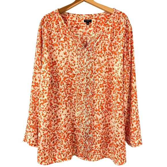Talbots Woman 3X Orange Abstract Floral Pintuck Split Neck Blouse Long Sleeve - Picture 16 of 16